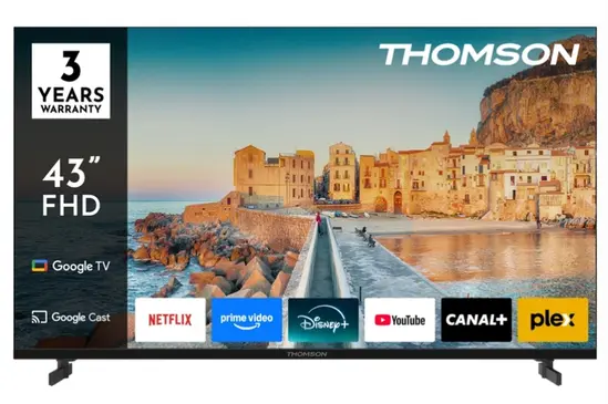 Телевизор Thomson 43" FHD Google TV; 1920 x 1080 (FHD), DLED, 60 Hz, HDR10, Dolby Audio, Google Cast, DVB-TT2CSS2, Wi-Fi, Bluetooth, LAN, HDMI 3 (1.4), USB 2 (2.0), Hotel mode, Side Feet, Black