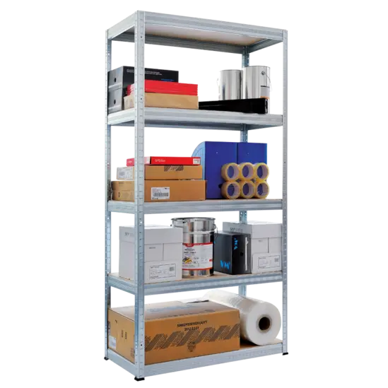 Снимка отстрани – здрав метален стелаж с товароносимост 175 кг на рафт