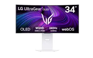 Монитор LG 34GX90SA-W, 34', OLED UltraGear 21:9 Curved Smart, IPS 0.03 ms, WQHD (3440x1440), 240Hz, HDR 10, 1500000:1, 250 cd/m2, DCI-P3 98.5%, USB 3.0, VRR, Free-sync, G-Sync, USB-C, PD 65W, HDMI, DP, PBP, Speakers, LG Switch, Height, Swivel, Tilt, White