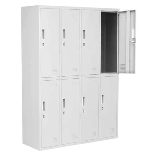 Метален гардероб BTL с 8 отделения 162х109х45 см - сниман отпред, крайна дясна горна врата отворена, празен , сив