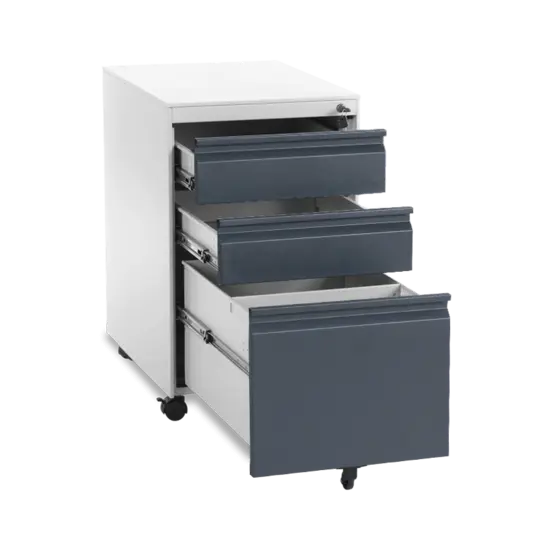 Метален контейнер L BTL с 3 чекмеджета - цвят графит, с отворени и трите чекмеджета, снимка отстрани