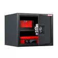 Метален сейф PMT 280 EL - черен,  отворен и пълен с червени кутии вътре
