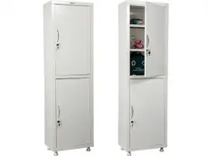 Метален медицински шкаф PMT 1650 SS - два сглобени сложени един до друг, единия е с отворена горна врата и наредена стока вътре, другият е със затворени врати