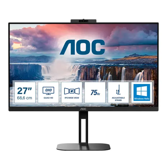 Монитор AOC Q27V5CWBK, 27' IPS WLED, 2560x1440@75Hz, 4ms GtG, 1ms MPRT, 300cd m2, 1000:1, 20M:1 DCR, Adaptive Sync, FreeSync, Low Blue Light, 5Wx2, Tilt, Height Adjust, Pivot, Swivel, HDMI, DP, USB hub