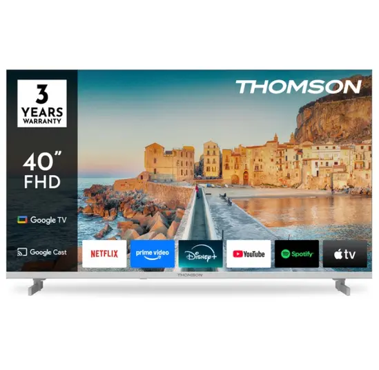 Телевизор Thomson 40" FHD Google TV; 1920 x 1080 (FHD), DLED, 60 Hz, HDR10, Dolby Audio, Google Cast, DVB-TT2CSS2, Wi-Fi, Bluetooth, LAN, HDMI 3 (1.4), USB 2 (2.0), Hotel mode, Side Feet, White