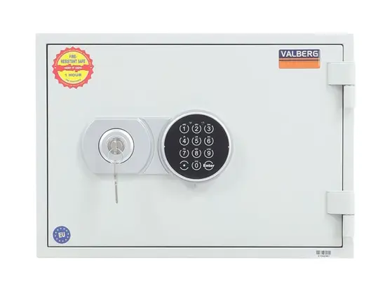 Метален сейф FRS огнеупорен PMT 30, бял с електронна брава модел PLS + ключ, затворен 