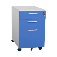 Метален контейнер LS BTL с 3 чекмеджетаж - сниман отстрани, син на цвят, със затворени чекмеджета