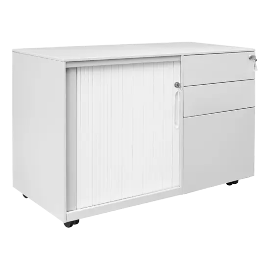 Метален контейнер H BTL с 2 чекмеджета и плъзгаща врата - сниман от ляв ъгъл, затворени врати, сив