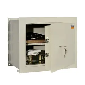 Метален сейф PMT за вграждане 29 KL - сив, отворен с наредени документи вътре