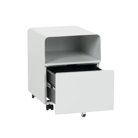 Метален контейнер O BTL с едно чекмедже. Сниман отстрани, с отворено чекмедже, сив на цвят