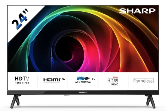 Телевизор Sharp 24HA1205E, 24" LED HD 1366x768 Frameless, 100 000:1, DVB-TT2CSS2, Active Motion 100, Speaker 2x3W, Dolby Digital, CI+, 3xHDMI (ARCCEC), 2xUSB, LAN, VideoAudio input (3 x RCA), Hotel Mode, E, 2 pole Stand