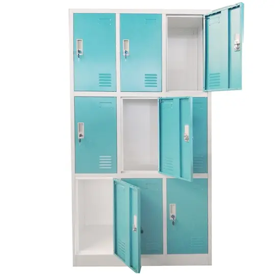 Метален гардероб с 9 отделения 90x45x185 см 3 цвята - тюркоаз, сниман отпред, с отворени врати на диагонал, празен