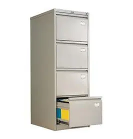 Метална картотека AFC PMT 04 с 4 чекмеджета - снимана от ляв ъгъл, сива на цвят, с отворено долно чекмедже, пълна с папки