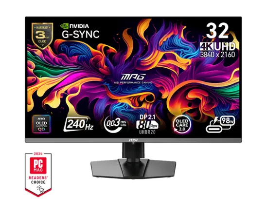 Монитор MSI MPG 322URX QD-OLED Gaming Monitor, 31.5", 0.03ms, 240Hz, 3840x2160, G-SYNC, AMD FreeSync Premium Pro, AI Vision, Console Mode, ClearMR 13000, HDR True Black 400, Type-C(98W PD), DP(2.1a), 2xHDMI(2.1), USB Hub, Pivot, Heigh Adj., VESA 100, Blac