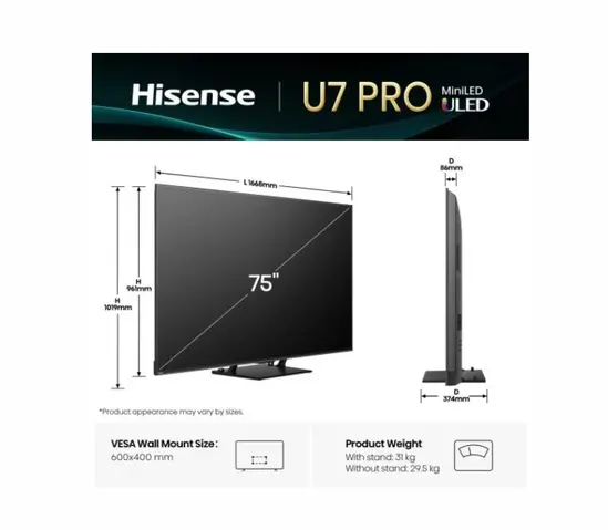 Телевизор Hisense 75"U7Q Pro, 4K Ultra HD 3840x2160, ULED, FALD, Quantum Dot, 165Hz, IPS, HDR 10+, HLG, Dolby Vision IQ, Dolby Atmos, Smart TV, WiFi 5GHz, WiFi Direct, BT, Anyview Cast,light sensor,Solar Powered Remote, 4xHDMI, 2xUSB, LAN, CI+, DVB-T2/C/S