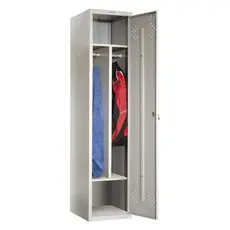 Метален гардероб PMT с 2 отделения 183х41.8х50 см - сниман отпред, с отворена врата, пълен с дрехи, сив