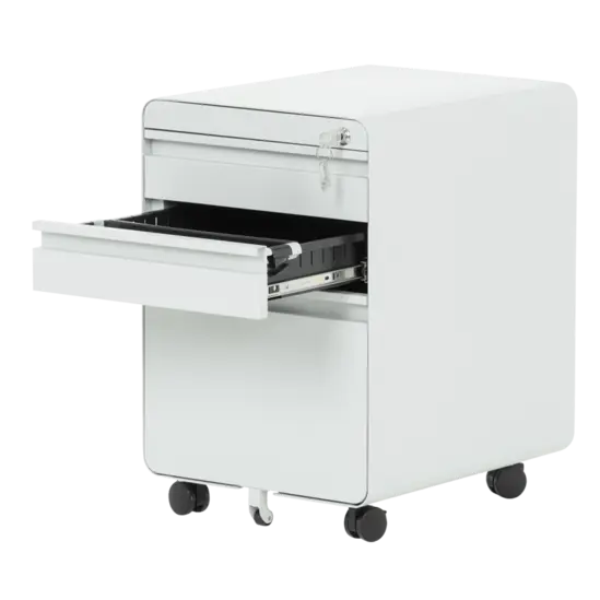 Метален контейнер V BTL с 3 чекмеджета - сниман от десен ъгъл, с отворено средно чекмедже, празен, сив на цвят