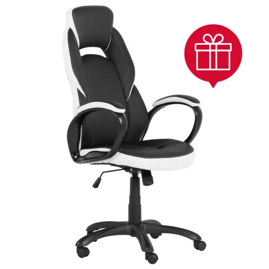 Геймърски стол ЦВЕТАН еко кожа, в черно и бяло, с пиктограма за подарък