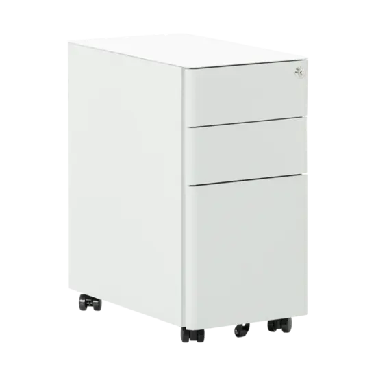 Метален контейнер F BTL с 3 чекмеджета - сив, сниман от ляв ъгъл, затворени чекмеджета