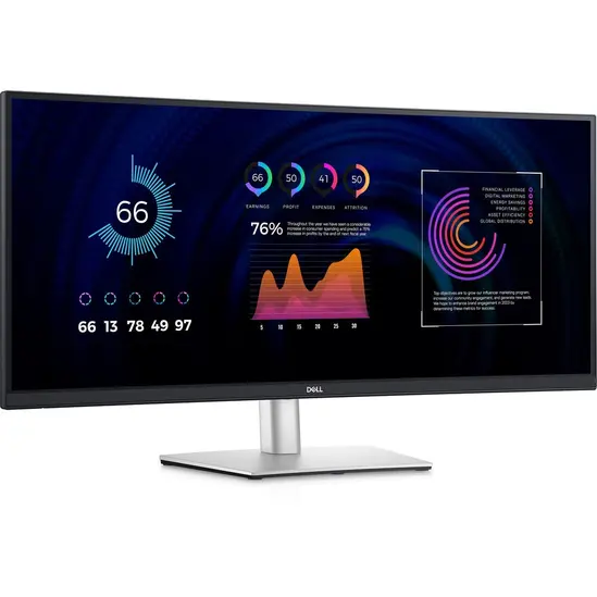Монитор Dell P3424WE, 34' Curved, WQHD AG, IPS, 21:9, 5ms, 1000:1, 300 cdm2, (3440x1440 ), 99% sRGB, HDMI, DP, USB-C PD of up to 90W, USB 3.2 hub, KVM ports, RJ45, ComfortView Plus, Height Adjustable, Swivel, Tilt, Black