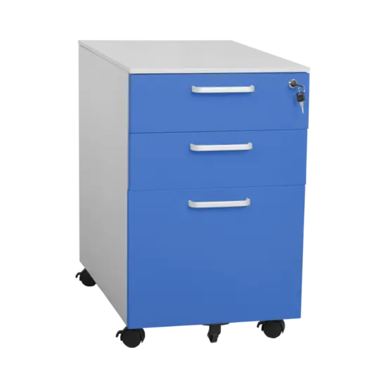 Метален контейнер LS BTL с 3 чекмеджетаж - сниман отстрани, син на цвят, със затворени чекмеджета