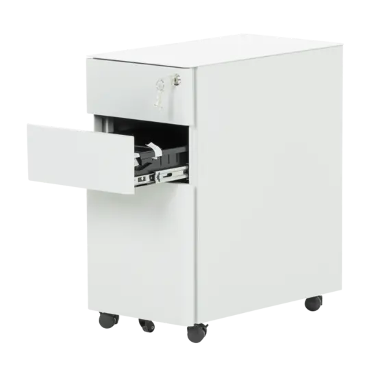 Метален контейнер F BTL с 3 чекмеджета - сниман от десен ъгъл, с отворено средно чекмедже, сив на цвят, празен отвътре