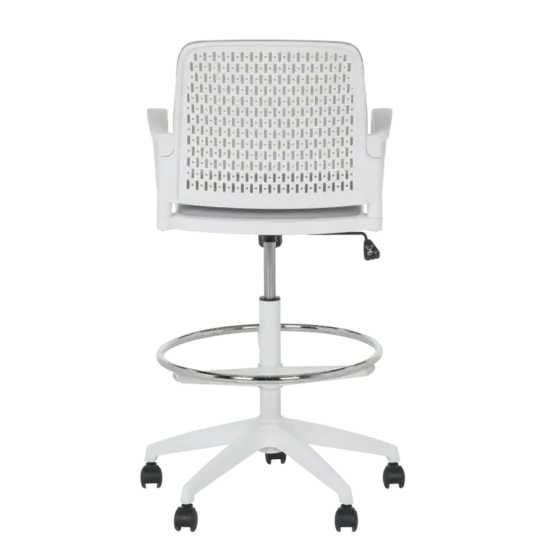 Работен стол ОРБИС- бял полипропиленов гръб, хромиран ринг за крака