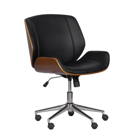 Работен стол КАТРИН-снимка отпред, черна еко кожа, дъвен детайл