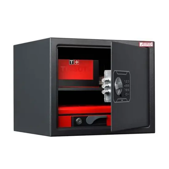 Метален сейф PMT 280 EL - черен,  отворен и пълен с червени кутии вътре