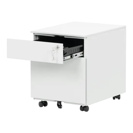 Метален контейнер K BTL с 2 чекмеджета - сив цвят, с отворено горно чекмедже, празен, сниман от десен ъгъл