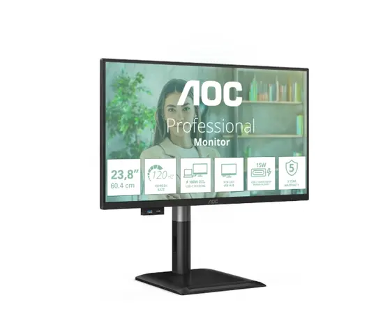 Монитор AOC 24P4CV, 23.8" IPS WLED, 1920x1080@120Hz, 4ms GtG, 300cd m/2, 1500:1, 50M:1 DCR, Adaptive Sync, FlickerFree, Anti-Blue Light, 2Wx2, Tilt, Height Adjust, Pivot, Swivel, HDMI, DP, USB hub, RJ45