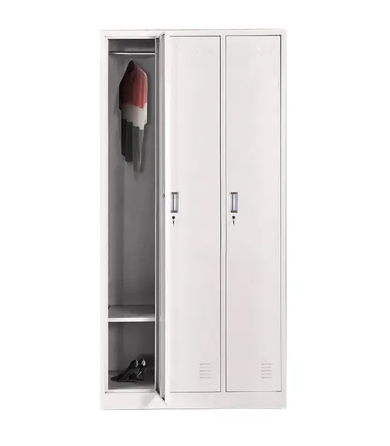 Метален гардероб FRT с 3 отделения 185х90х45 см - сниман отпред, лявата врата отворена, пълен с дрехи, сив