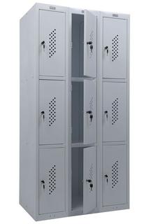 Метален гардероб PMT с 9 отделения 183х90х50 см - сниман отстрани, със средния ред врати отворени, празен, сив