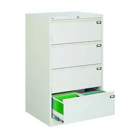 Метална картотека FRT с 4 двойни чекмеджета - снимана отстрани, сива на цвят, с отворено долно чекмедже, което е пълно със зелени папки