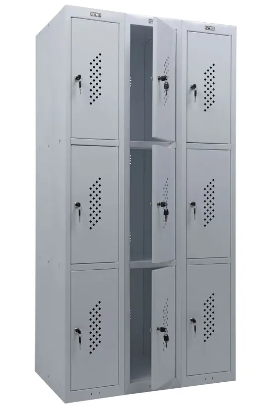 Метален гардероб PMT с 9 отделения 183х90х50 см - сниман отстрани, със средния ред врати отворени, празен, сив