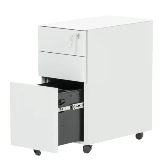 Метален контейнер F BTL с 3 чекмеджета - сниман от десен ъгъл, с отворено долно чекмедже, сив на цвят, празен отвътре