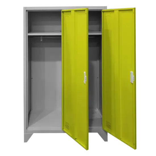 Метален гардероб BTL с 2 отделения 80x40x140 - жълт, сниман отпред, двете врати отворени