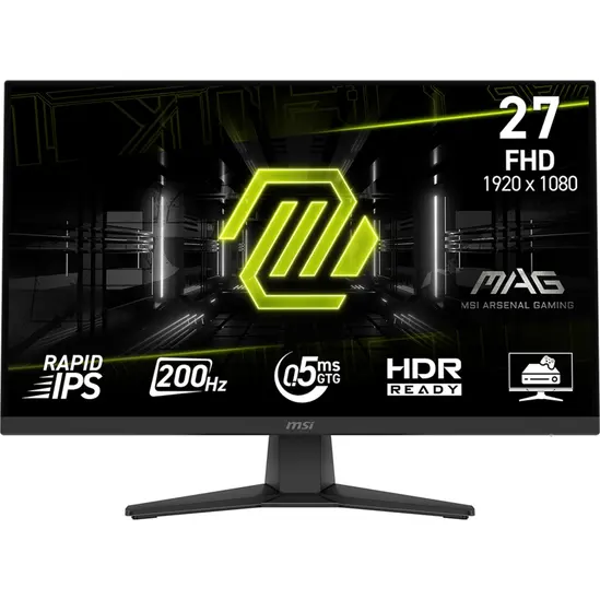 Монитор MSI MAG 272F Gaming Monitor, 27", 0.5ms, 200Hz Rapid IPS, 1920x1080, AMD FreeSync Premium, AI Vision, Console Mode, HDR Ready, 300nits AG, 1.07B, 1000:1, 100M:1, DP(1.2a), HDMI(2.0b), Headphone-out, Tilt, VESA 100, Internal PSU, Black, 3.9kg