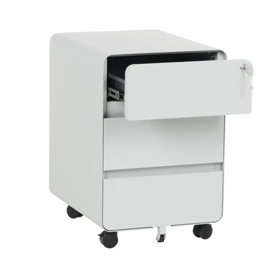 Метален контейнер K BTL с 3 чекмеджета - сив цвят, сниман под ъгъл, с отворено горно чекмедже