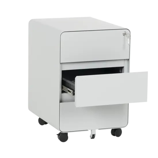 Метален контейнер K BTL с 3 чекмеджета - сниман под ъгъл, с отворено средно чекмедже, празен, сив цвят