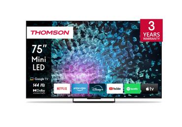 Телевизор Thomson Smart MiniLED TV 75'; Google TV; 3840 x 2160 (4K UHD), 1500000:1, LED, 144 Hz, DVB-T/T2/C/S/S2, HDR10, Wi-Fi, Bluetooth, LAN, HDMI 4 (2.1), USB 2 (2.0) + 1 (3.0), Central Stand, Black