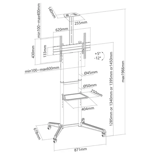 Стойка Neomounts Mobile Floor Stand incl. AV- and cam shelf (height adjustable: 128.5-145 cm)
