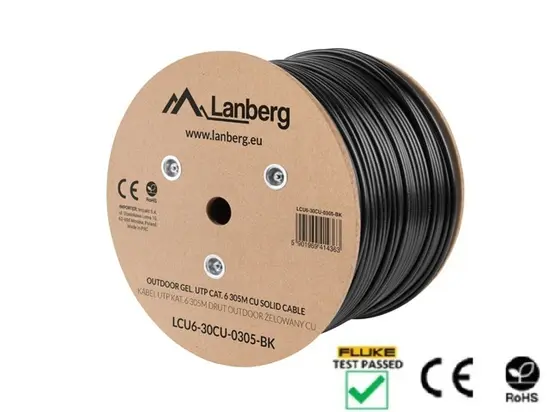 Кабел Lanberg LAN cable CAT.6 utp 305m solid outdoor gel-filled cu black fluke passed