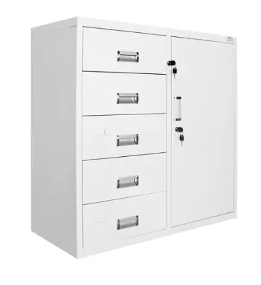 Метален контейнер UG с 5 чекмеджета - сниман под ъгъл- бял, затворен 