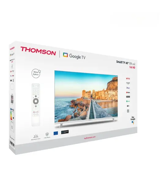 Телевизор Thomson 40" FHD Google TV; 1920 x 1080 (FHD), DLED, 60 Hz, HDR10, Dolby Audio, Google Cast, DVB-TT2CSS2, Wi-Fi, Bluetooth, LAN, HDMI 3 (1.4), USB 2 (2.0), Hotel mode, Side Feet, White
