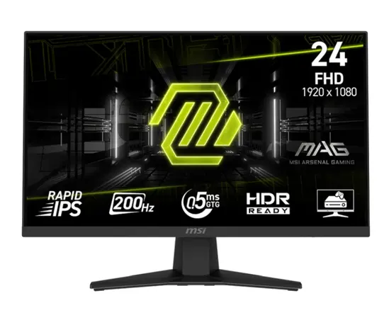Монитор MSI MAG 244F, 23.8", 0.5ms, 200Hz, Rapid IPS, 1920x1080 (FHD), 16:9, AMD FreeSync Premium, 96% DCI-P3, AG, HDR Ready, 300 nits, 1000:1, DCR 100M:1, DP(1.2a), HDMI 2.0b, Tilt, VESA, Black, 2.9kg