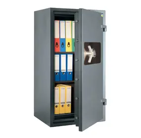 Метален сейф PMT 133 EN EL – отворен, с класьори вътре, сив на цвят