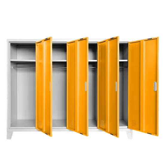 Метален гардероб BTL JZ с 4 отделения 130x160x40 см оранжев с 4 отворени врати, по един рафт на отделение и лостове за закачалки