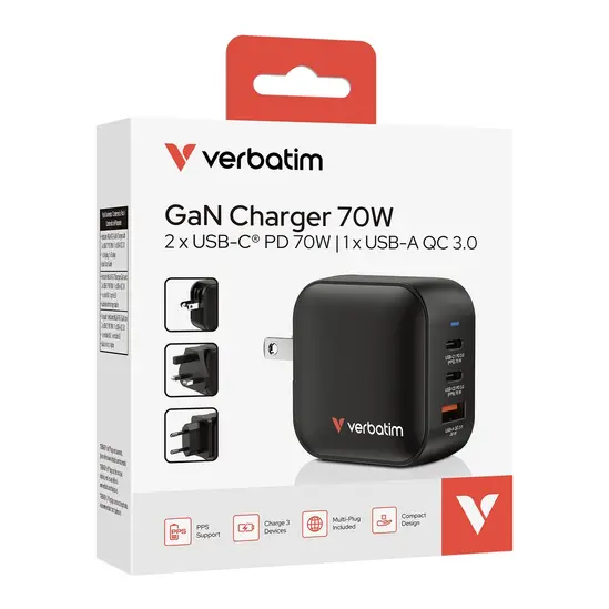 Зарядно устройство Verbatim Mini GaN Charger 70W 3 Port US plug with EU and UK adaptors