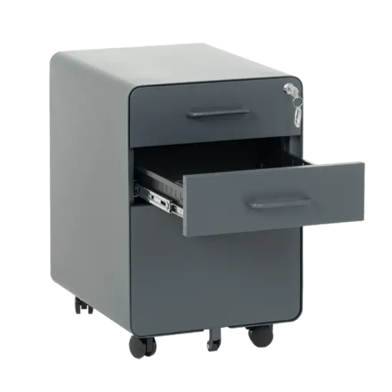 Метален контейнер A BTL с 3 чекмеджета - графит, снимано от ляв ъгъл, с отворено средно чекмедже, празен